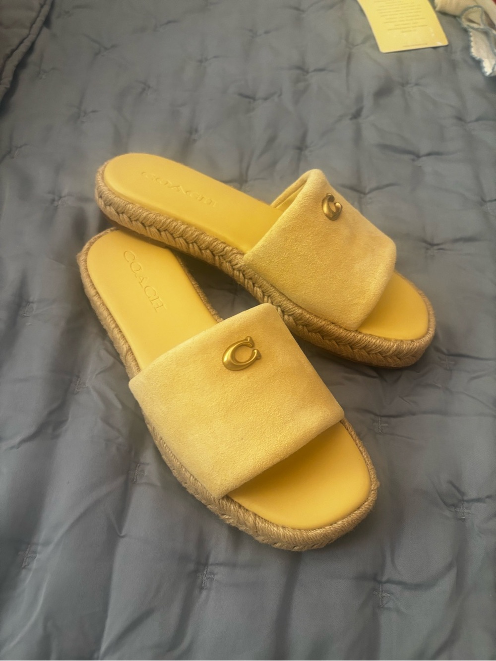 Coach Yellow Suede Espadrille Slide Sandals with Gold Logo